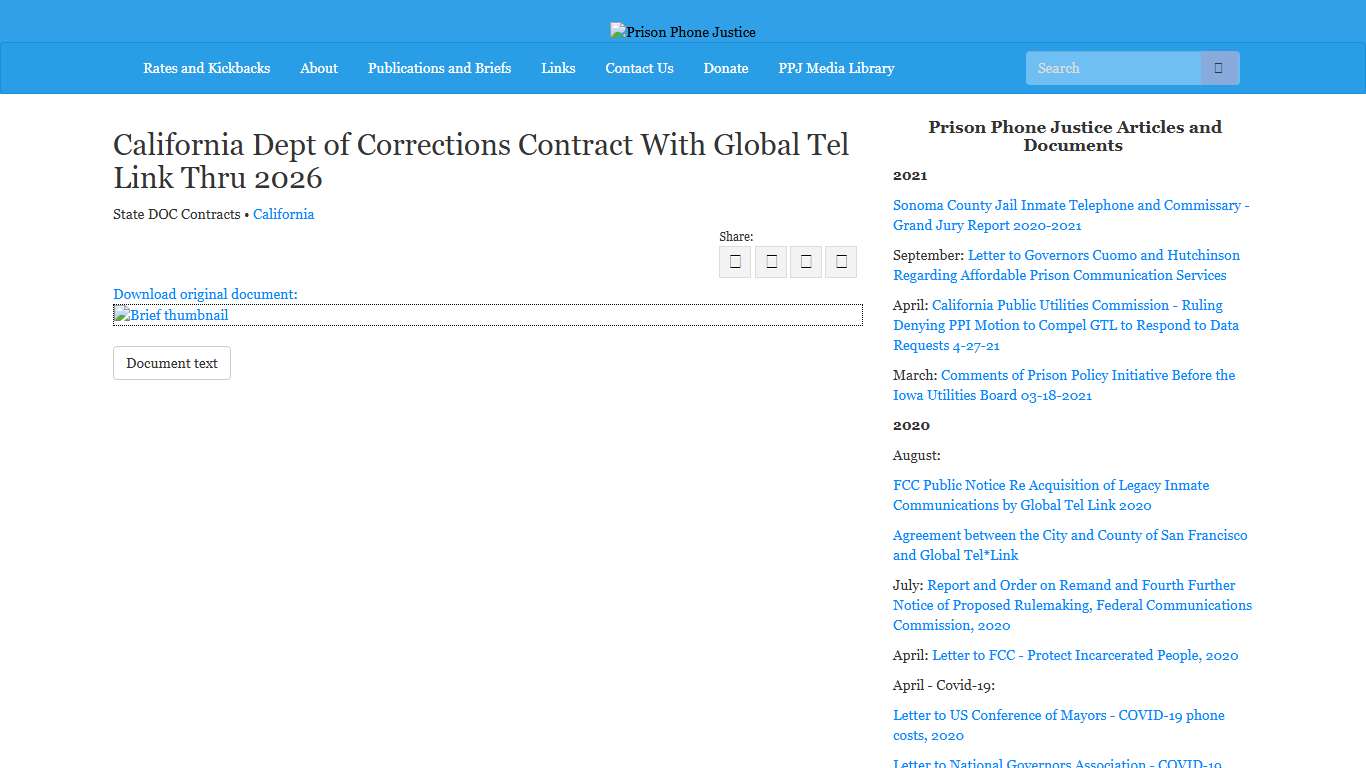 California Dept of Corrections Contract With Global Tel Link Thru 2026 Prison Phone Justice